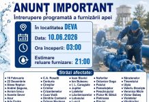 Oprire programată a apei în Deva și Archia miercuri, 10 iunie. Furnizarea va fi reluată seara